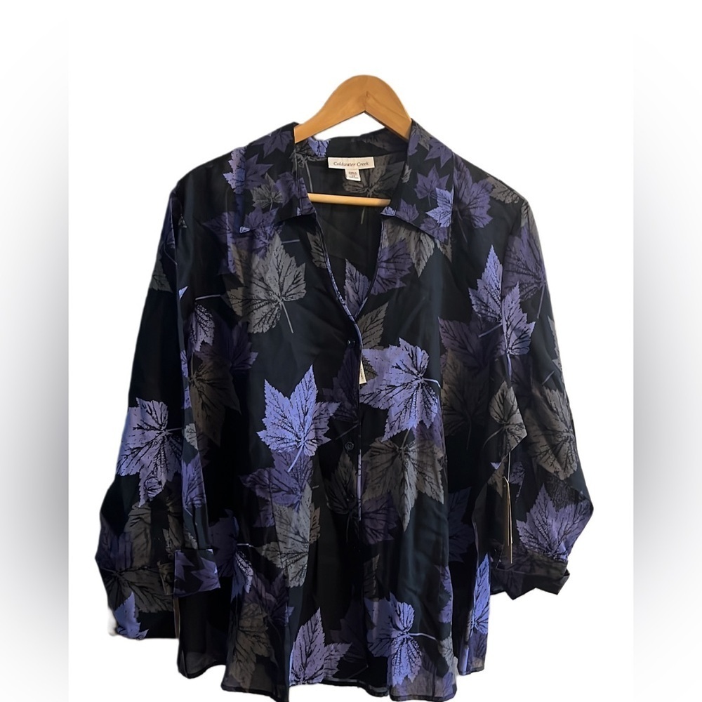 Coldwater Creek Black and Purple Leaf 100% Cotton Sheer Blouse NWT Size 2X
